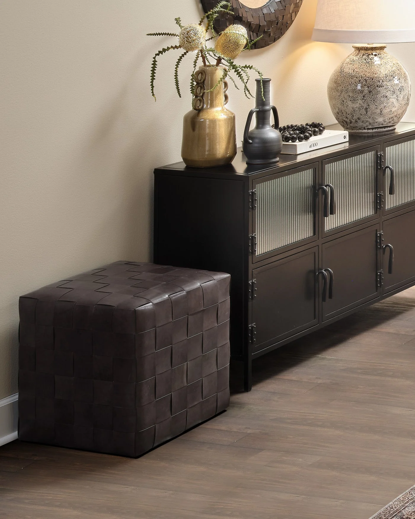 Woven Leather Ottoman - Image 2
